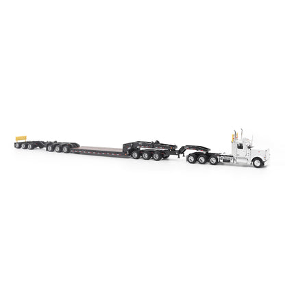 Model of a Peterbilt 589 Day Cab Pulling a Trail King TK170 RGN Trailer with Jeep and Stinger on a White Background