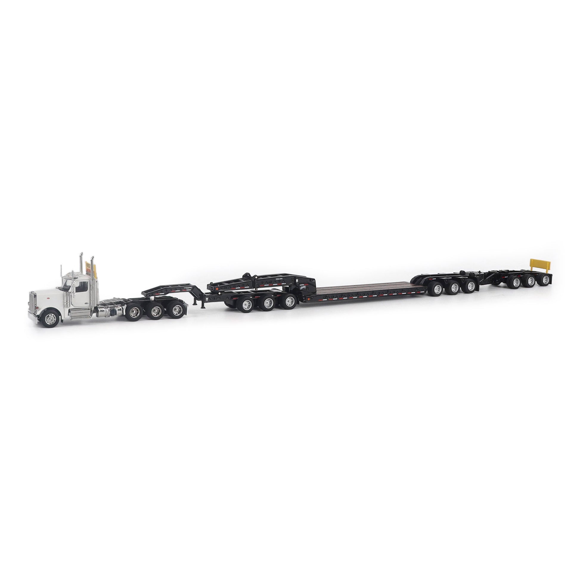 Model of a Peterbilt 589 Day Cab Pulling a Trail King TK170 RGN Trailer with Jeep and Stinger on a White Background