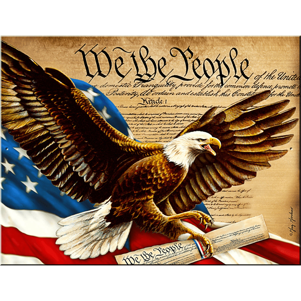 Bald eagle with open wings on an American flag and Constitution background