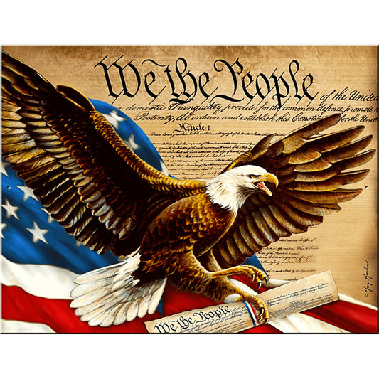 Bald eagle with open wings on an American flag and Constitution background