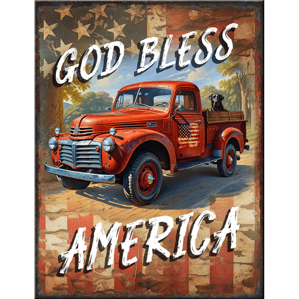 Vintage red truck with 'God Bless America' text on a decorative background
