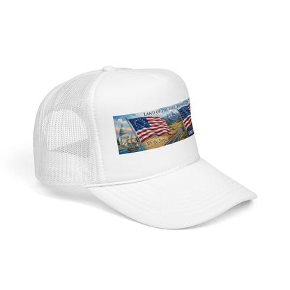 Patriotic American Flag Foam Trucker Hat — "Land of the Free, Home of the Brave"