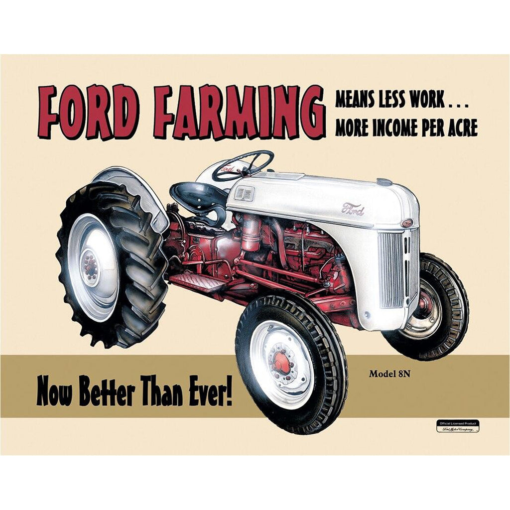 Vintage-style advertisement for Ford Farming with a tractor illustration on a beige background.