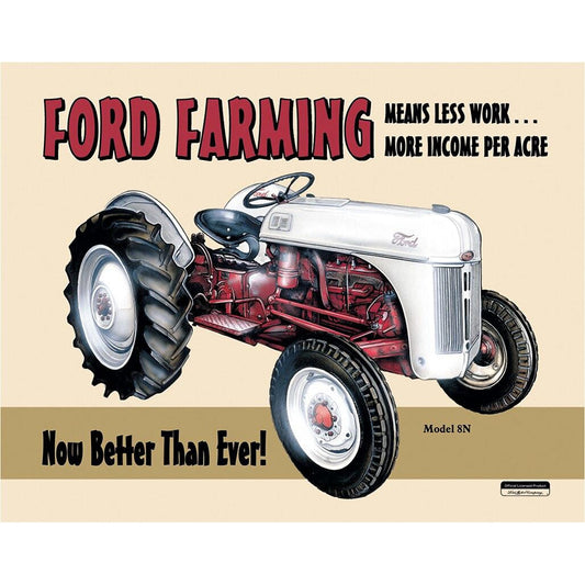 Vintage-style advertisement for Ford Farming with a tractor illustration on a beige background.