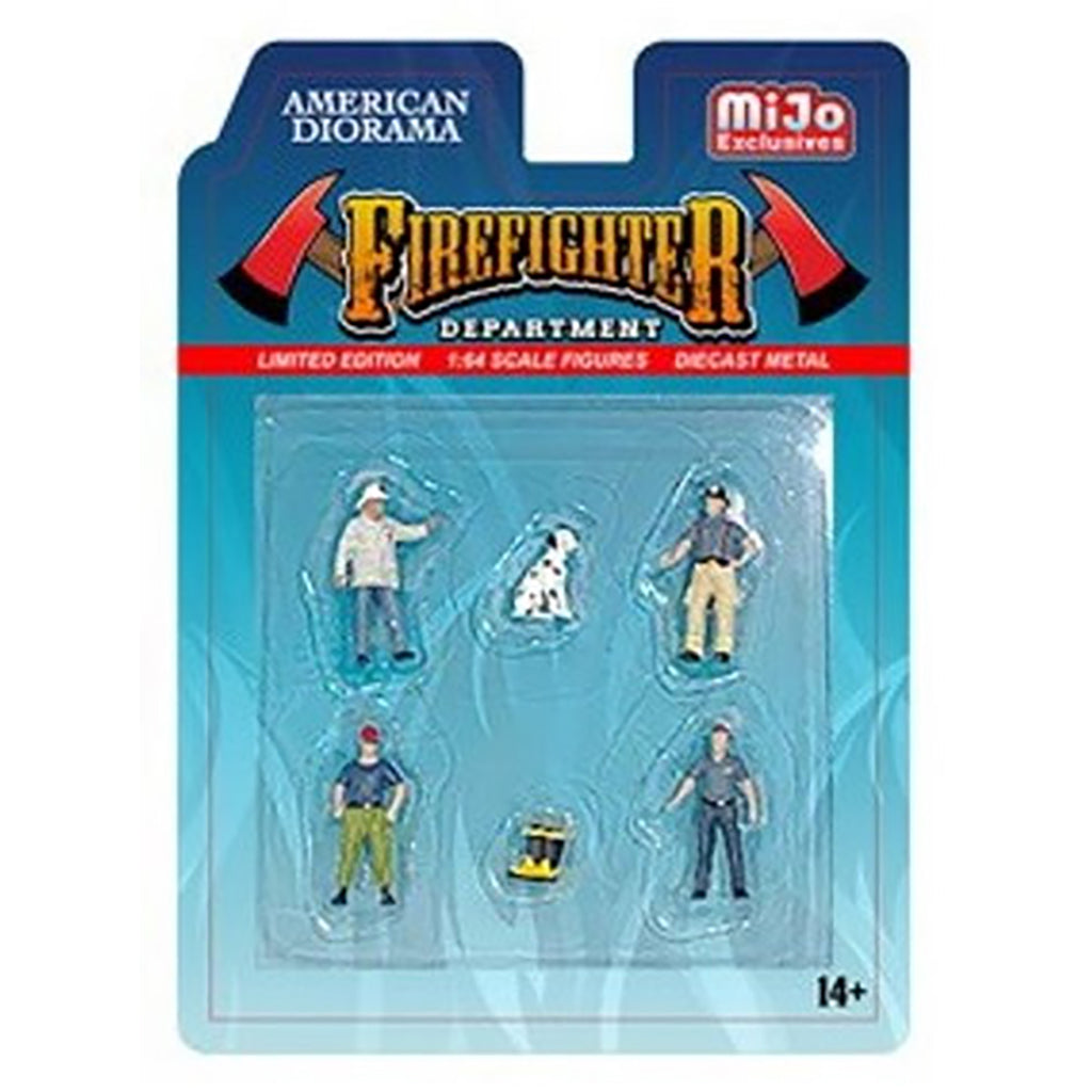 Packaged set of miniature firefighter figures with Mijo exclusives branding.