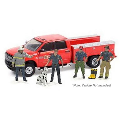Red pickup truck with four figures and a dog on a white background