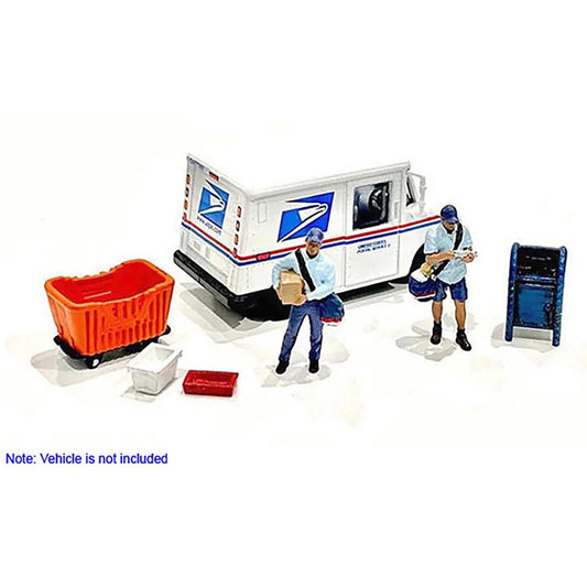 Toy set with a UPS truck, workers, and supplies on a white background