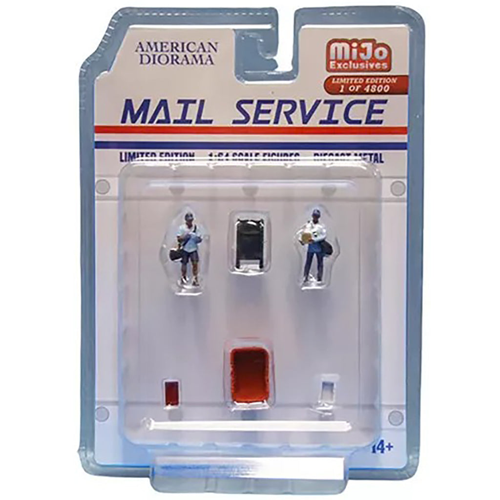 Packaged toy figures of mail service workers with 'American Diorama' branding.