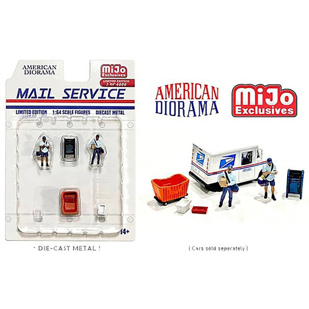 American Diorama and Mijo Exclusives mail service toy set packaging on a white background