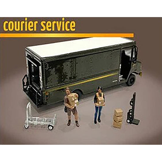 Model of a courier service truck with two figures and equipment on a brown background