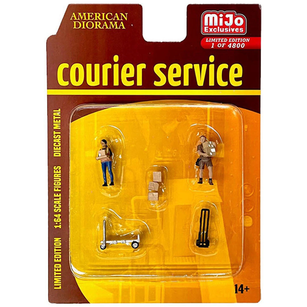 Packaged toy figures for 'Courier Service' by American Diorama with Mijo Exclusives branding.