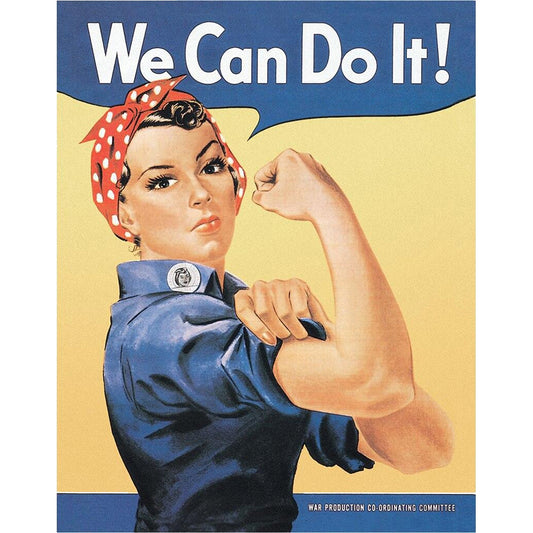Vintage-style poster with a woman flexing her arm, wearing a blue shirt and red polka dot headscarf, with 'We Can Do It!' text above.