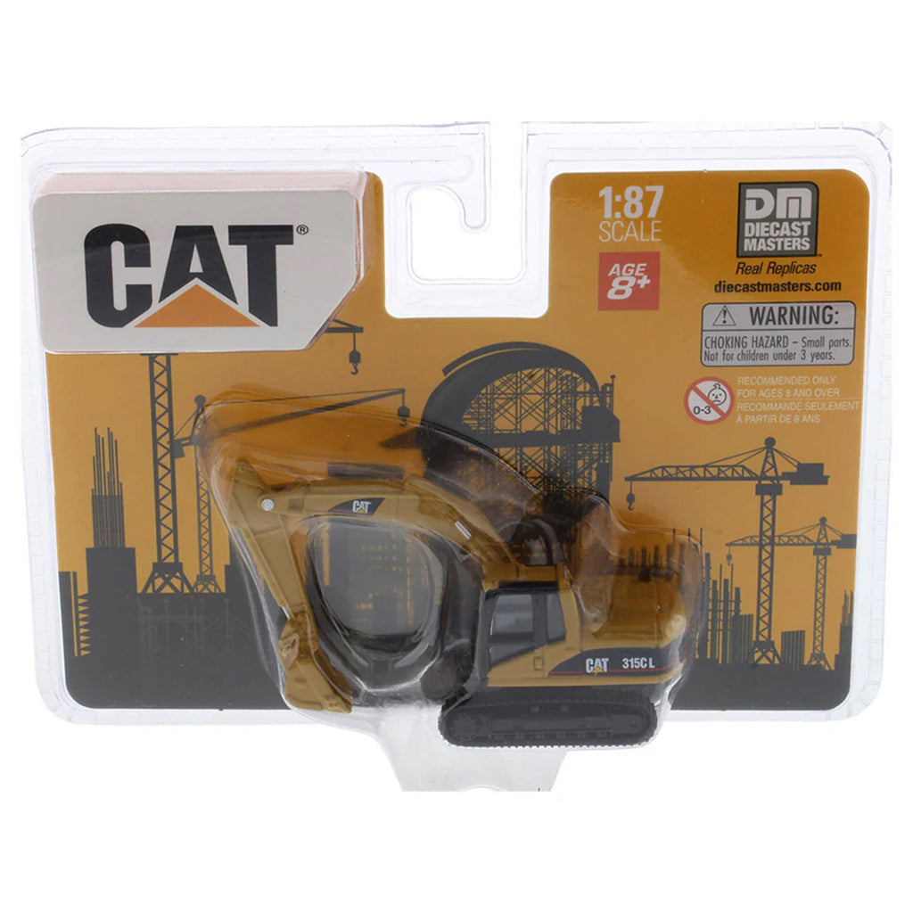 Cat toy excavator in packaging with branding and scale information.