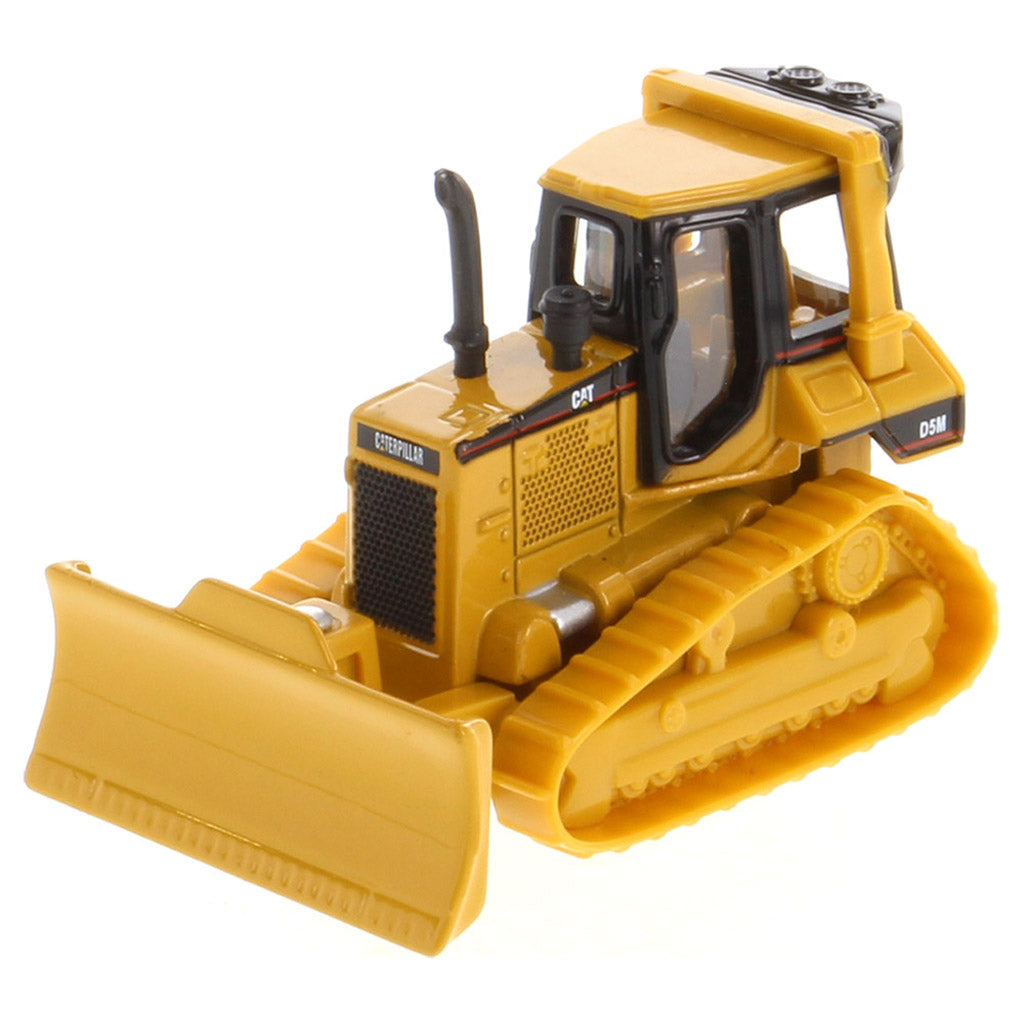 Yellow toy bulldozer with detailed features on a white background