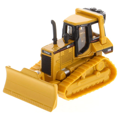 Yellow toy bulldozer with detailed features on a white background