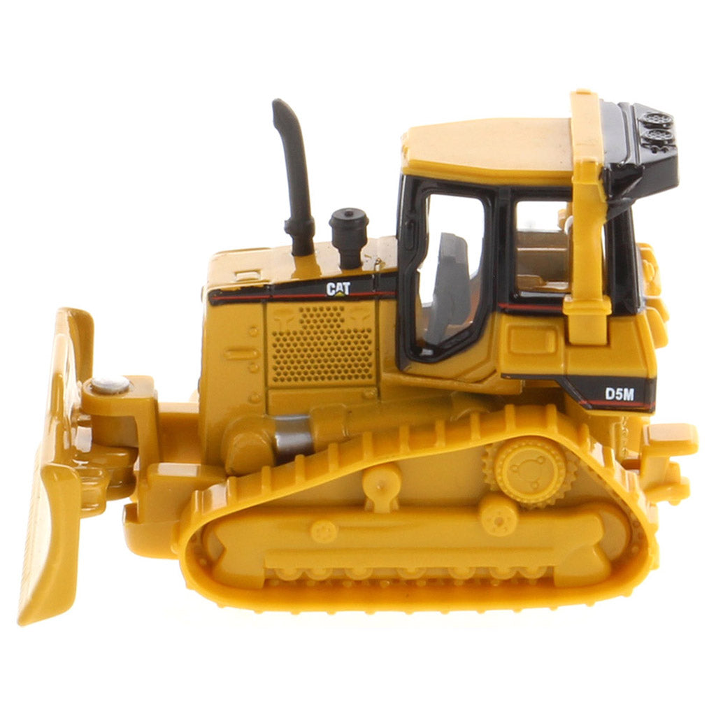 Yellow toy bulldozer with black accents on a white background