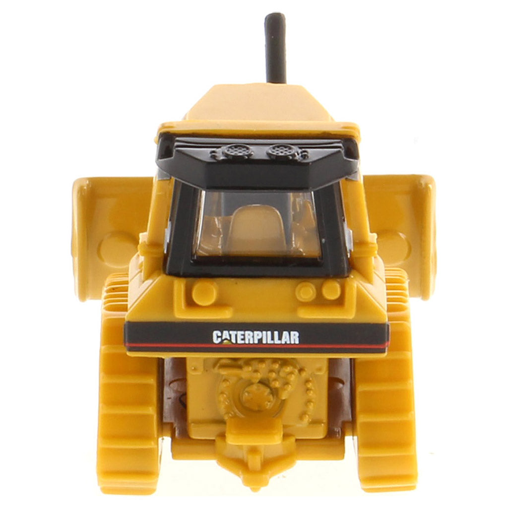 Toy bulldozer with Caterpillar branding on a white background