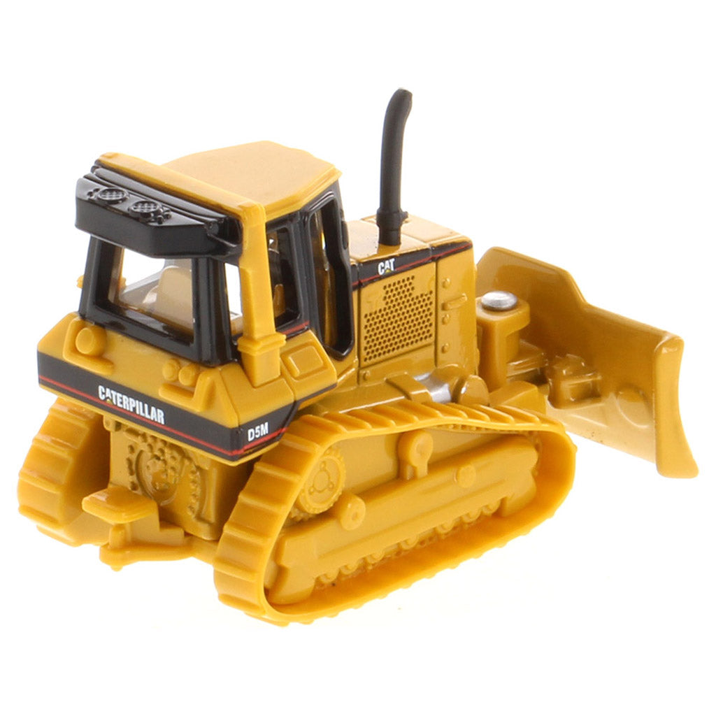 A yellow and black toy bulldozer model with Caterpillar branding, shown on a plain white background.