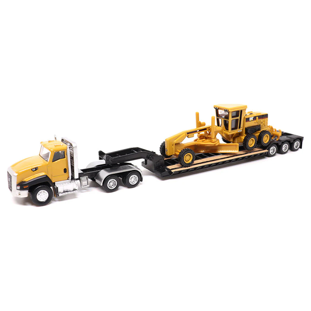 Model of a Yellow Caterpillar CT660 Day Cab Pulling a XL Specialized Trailers XL120 Low-Profile HDG Lowboy Trailer with a CAT 163H Motor Grader Load on a White Background