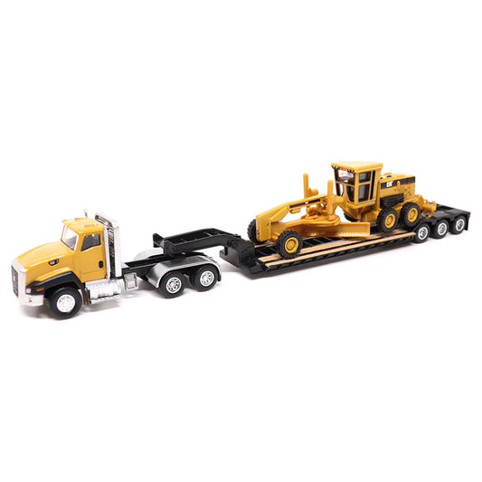 Model of a Yellow Caterpillar CT660 Day Cab Pulling a XL Specialized Trailers XL120 Low-Profile HDG Lowboy Trailer with a CAT 163H Motor Grader Load on a White Background