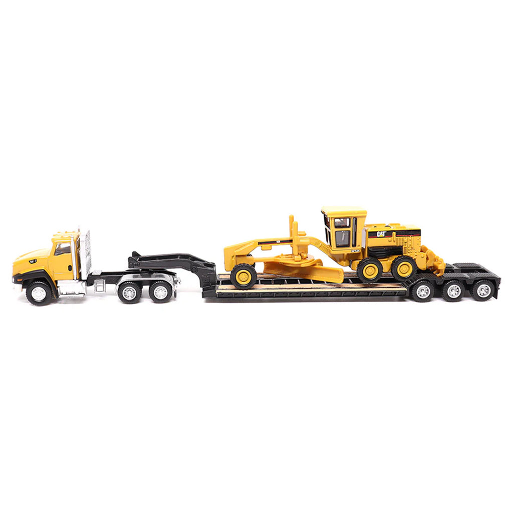 Model of a Yellow Caterpillar CT660 Day Cab Pulling a XL Specialized Trailers XL120 Low-Profile HDG Lowboy Trailer with a CAT 163H Motor Grader Load on a White Background