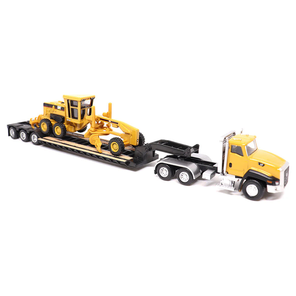 Model of a Yellow Caterpillar CT660 Day Cab Pulling a XL Specialized Trailers XL120 Low-Profile HDG Lowboy Trailer with a CAT 163H Motor Grader Load on a White Background