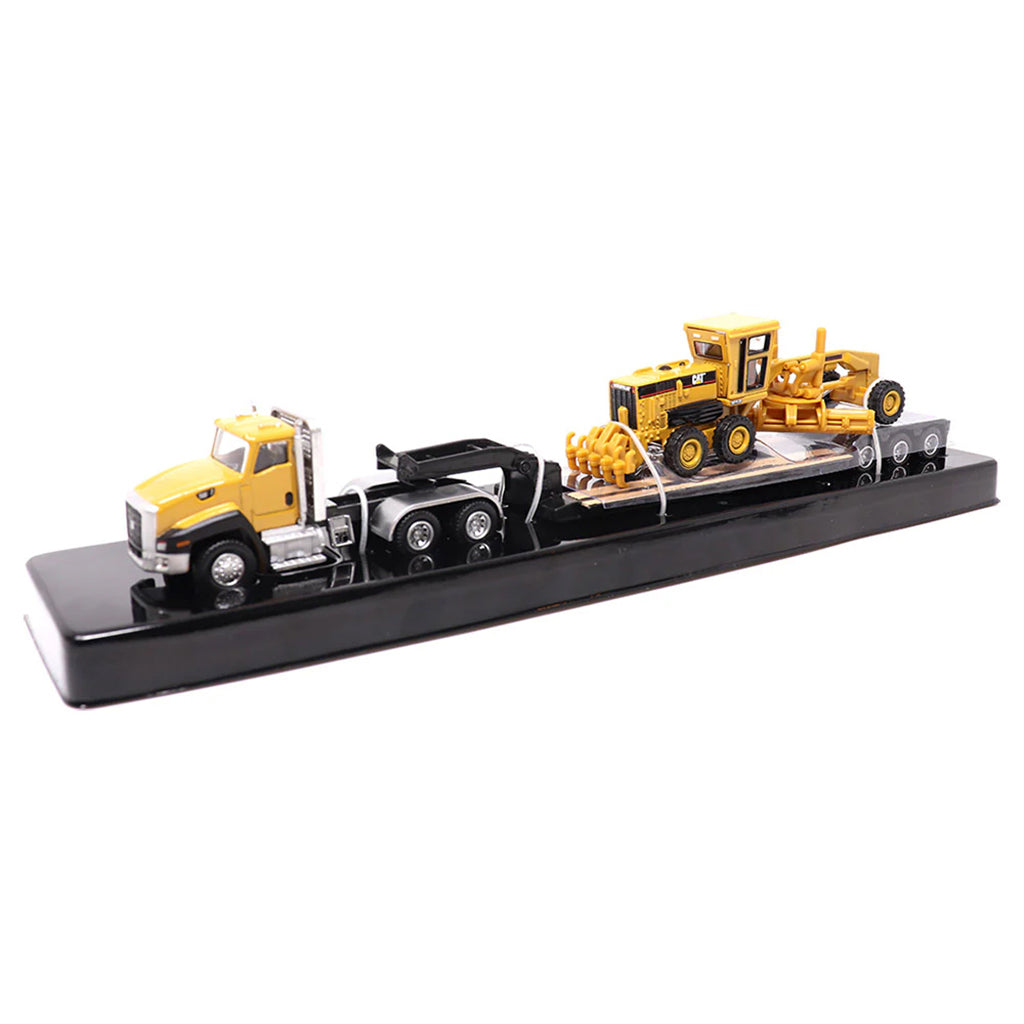 Model of a Yellow Caterpillar CT660 Day Cab Pulling a XL Specialized Trailers XL120 Low-Profile HDG Lowboy Trailer with a CAT 163H Motor Grader Load on a White Background