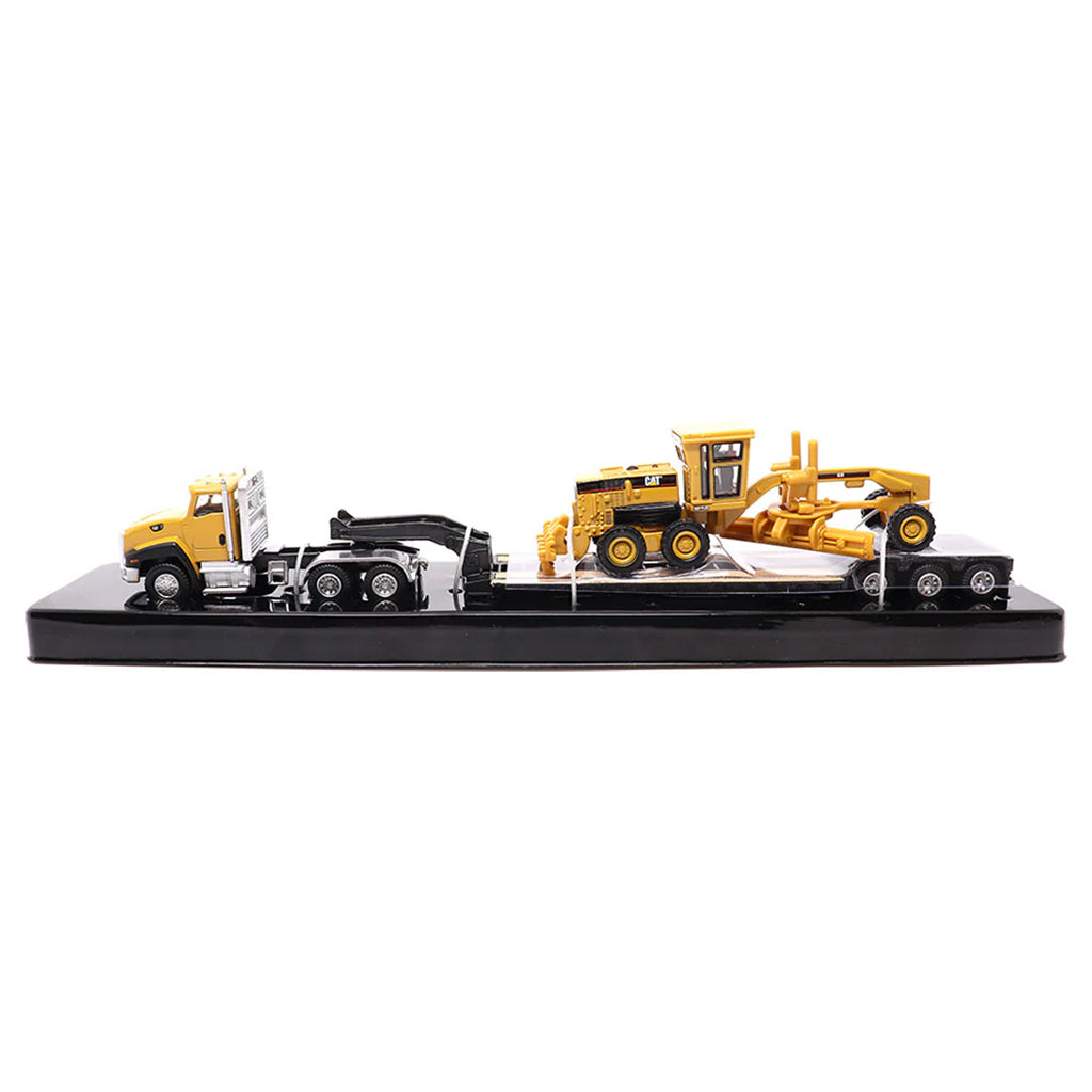 Model of a Yellow Caterpillar CT660 Day Cab Pulling a XL Specialized Trailers XL120 Low-Profile HDG Lowboy Trailer with a CAT 163H Motor Grader Load on a White Background