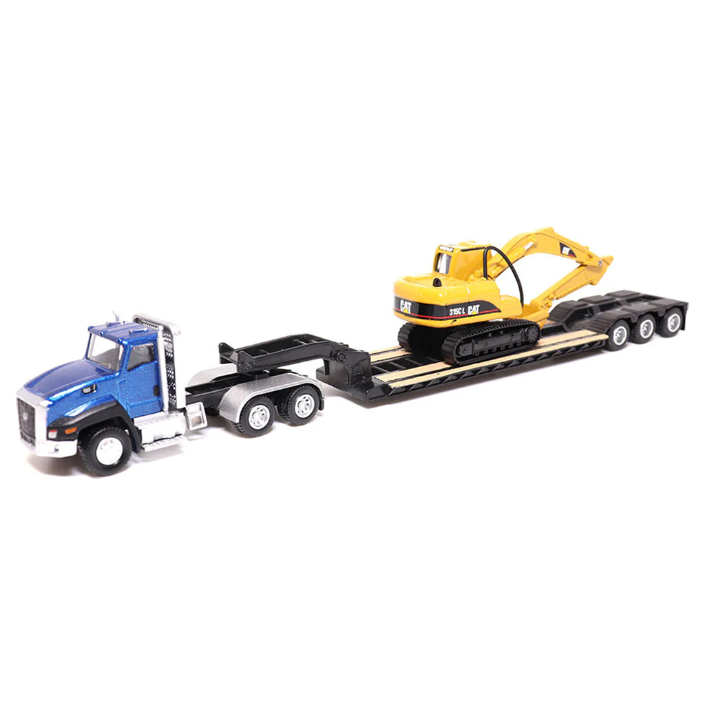 Model of a blue Caterpillar CT660 Day Cab hauling a XL Specialized Trailers XL120 Low-Profile HDG Lowboy Trailer loaded with a CAT 315C L Hydraulic Excavator on a white background