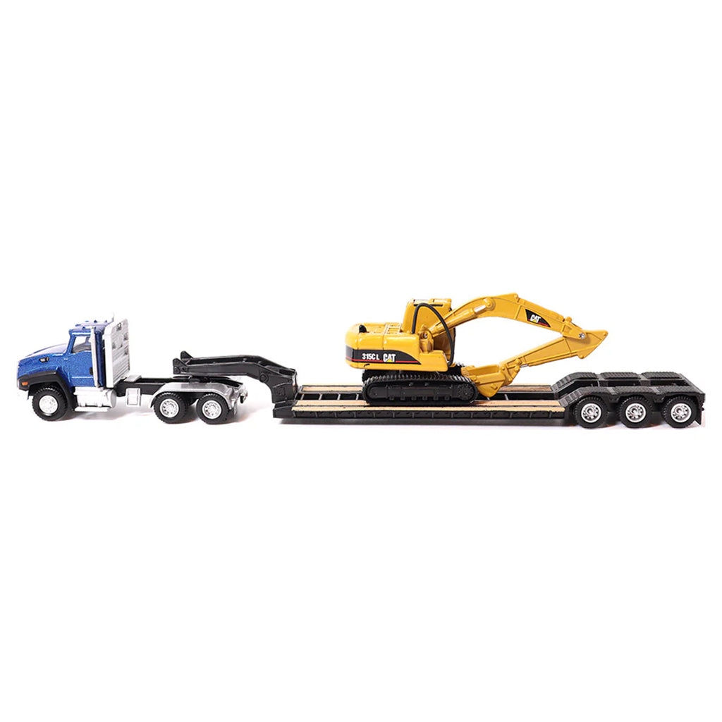 Model of a blue Caterpillar CT660 Day Cab hauling a XL Specialized Trailers XL120 Low-Profile HDG Lowboy Trailer loaded with a CAT 315C L Hydraulic Excavator on a white background