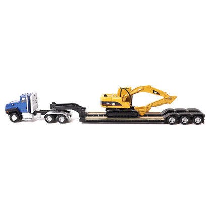 Model of a blue Caterpillar CT660 Day Cab hauling a XL Specialized Trailers XL120 Low-Profile HDG Lowboy Trailer loaded with a CAT 315C L Hydraulic Excavator on a white background