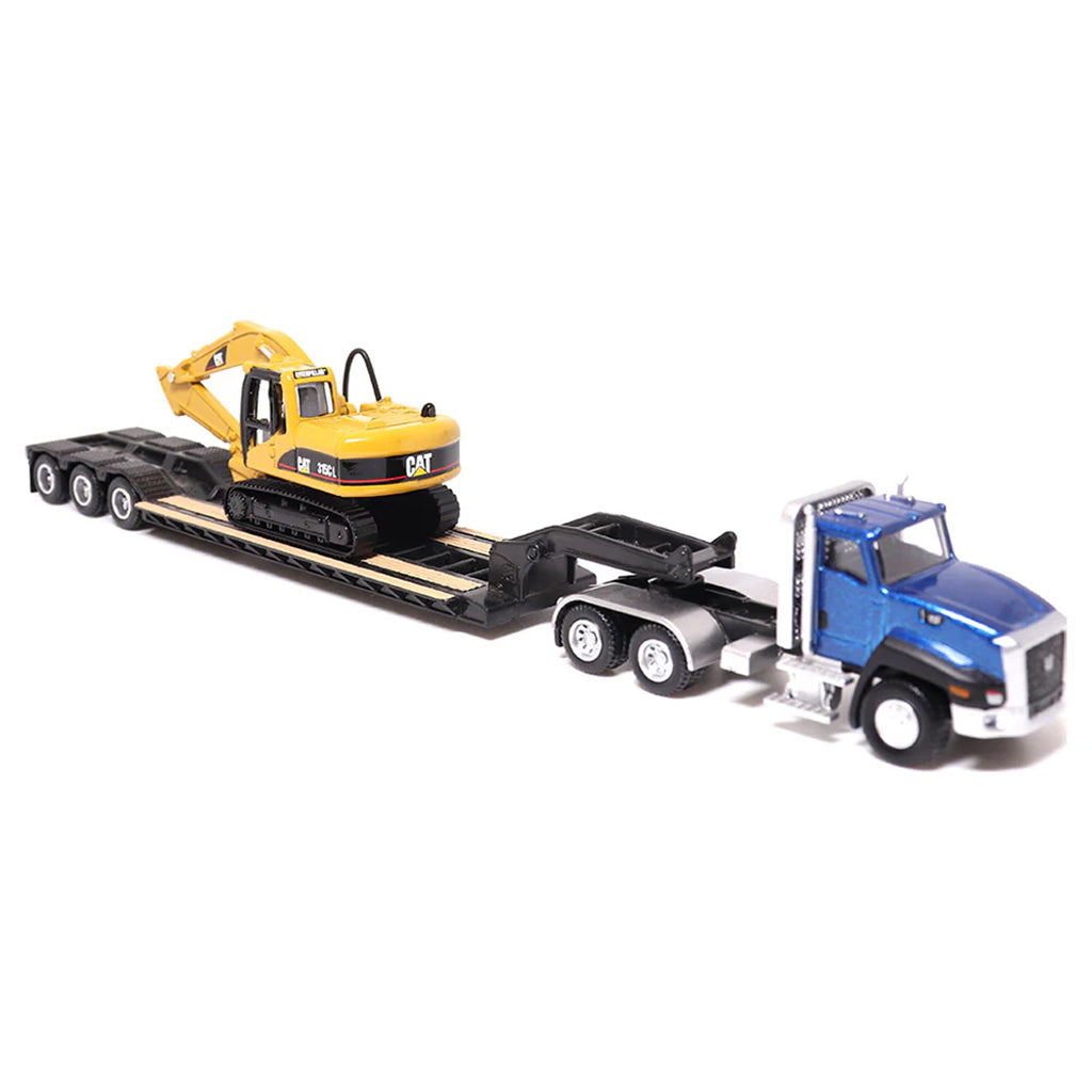 Model of a blue Caterpillar CT660 Day Cab hauling a XL Specialized Trailers XL120 Low-Profile HDG Lowboy Trailer loaded with a CAT 315C L Hydraulic Excavator on a white background