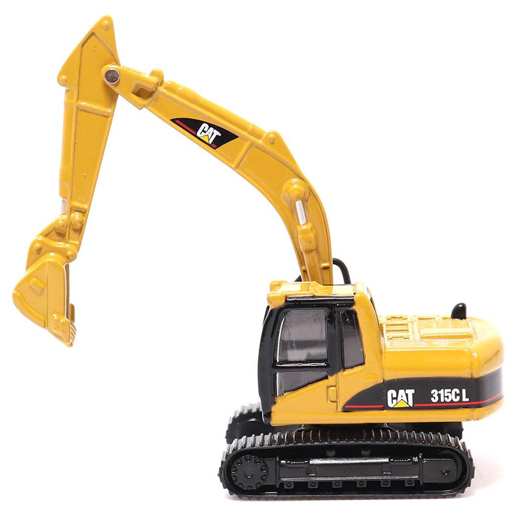 Yellow toy excavator with 'CAT' branding on a white background