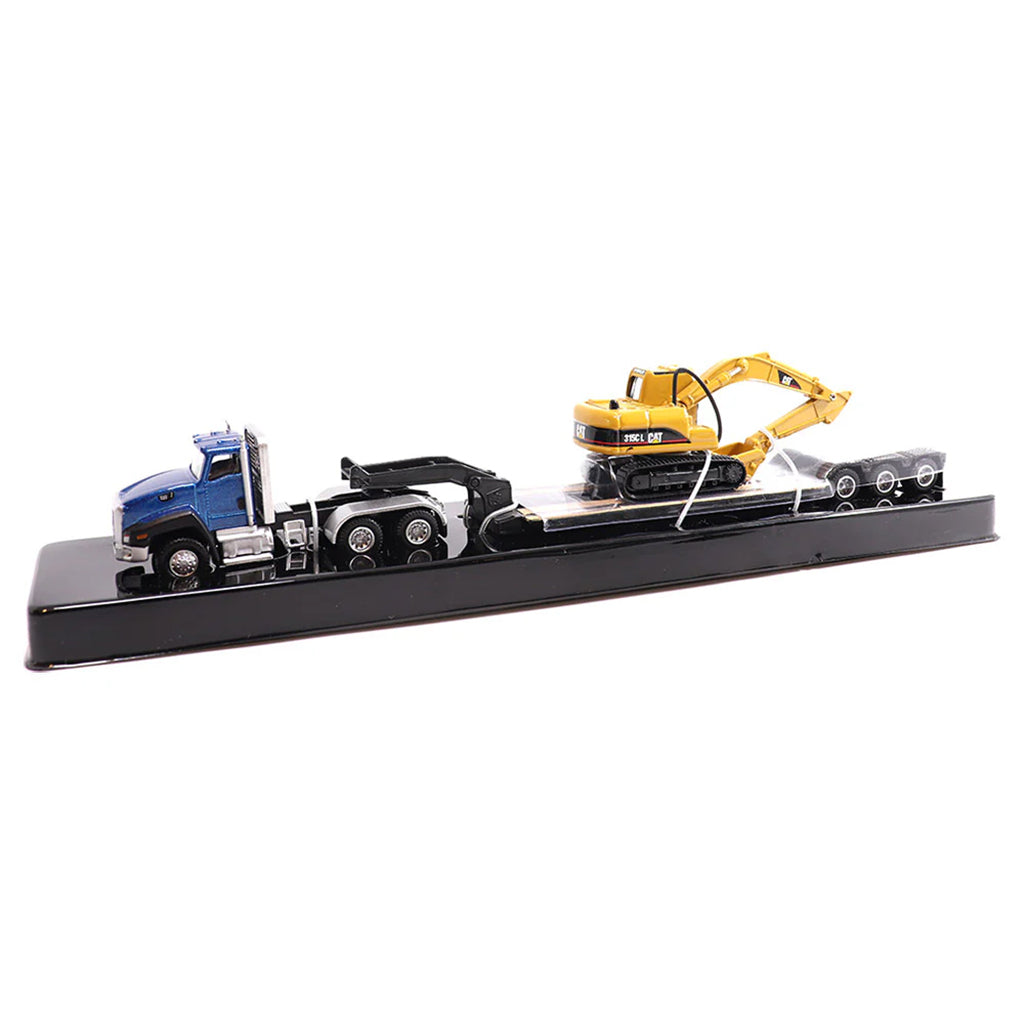 Model of a blue Caterpillar CT660 Day Cab hauling a XL Specialized Trailers XL120 Low-Profile HDG Lowboy Trailer loaded with a CAT 315C L Hydraulic Excavator on a white background