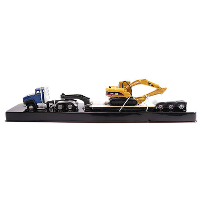 Model of a blue Caterpillar CT660 Day Cab hauling a XL Specialized Trailers XL120 Low-Profile HDG Lowboy Trailer loaded with a CAT 315C L Hydraulic Excavator on a white background