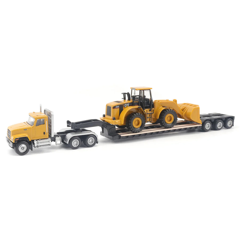 Model of a Yellow Caterpillar CT681 Day Cab w/XL Specialized Trailers XL120 Low-Profile HDG Lowboy Trailer and CAT 950G Wheel Loader on a White Background