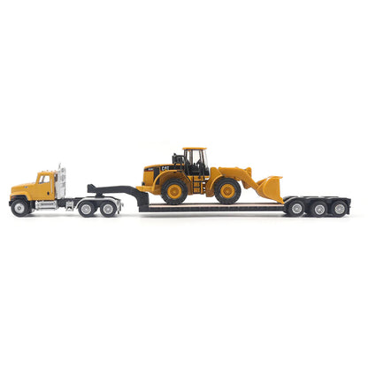 Model of a Yellow Caterpillar CT681 Day Cab w/XL Specialized Trailers XL120 Low-Profile HDG Lowboy Trailer and CAT 950G Wheel Loader on a White Background