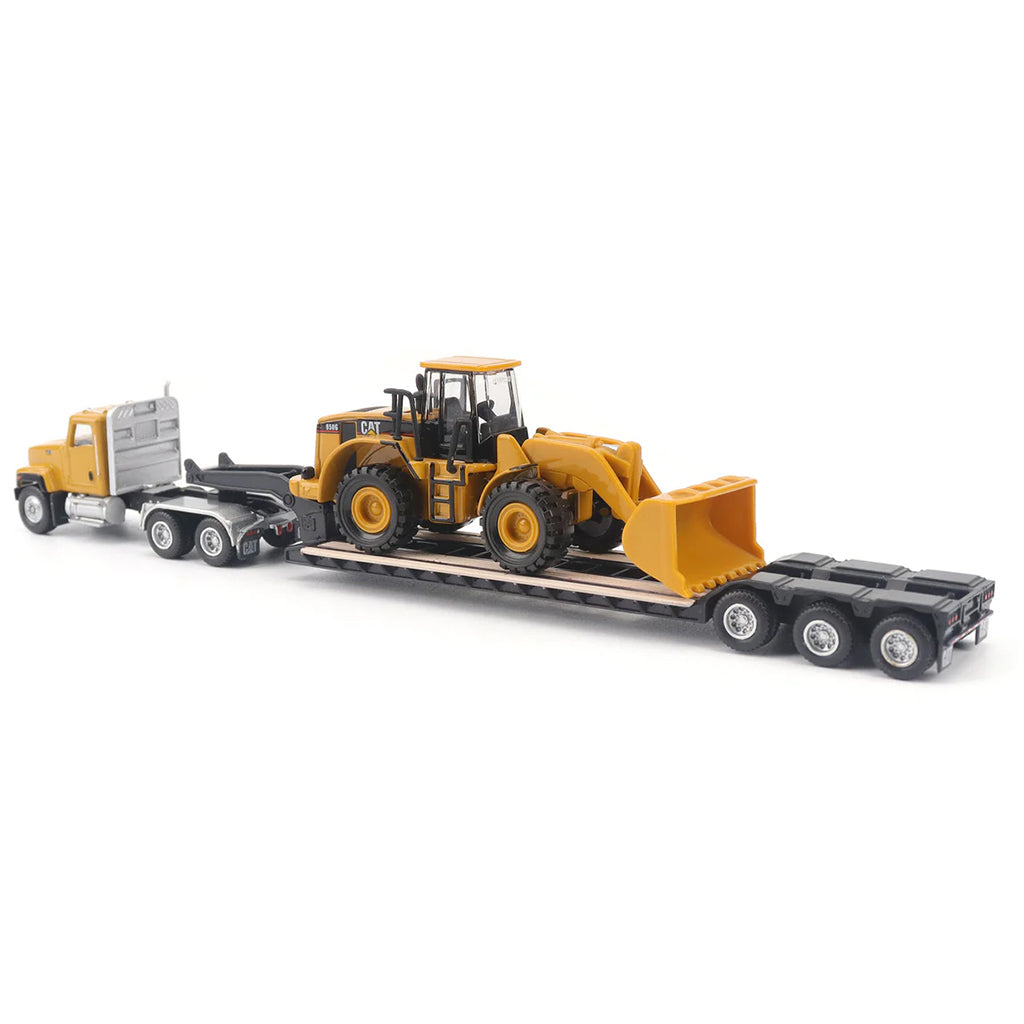 Model of a Yellow Caterpillar CT681 Day Cab w/XL Specialized Trailers XL120 Low-Profile HDG Lowboy Trailer and CAT 950G Wheel Loader on a White Background