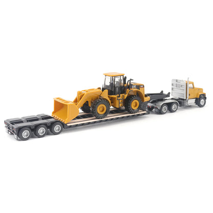 Model of a Yellow Caterpillar CT681 Day Cab w/XL Specialized Trailers XL120 Low-Profile HDG Lowboy Trailer and CAT 950G Wheel Loader on a White Background