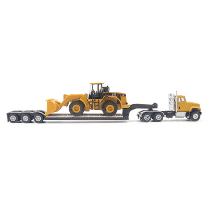 Model of a Yellow Caterpillar CT681 Day Cab w/XL Specialized Trailers XL120 Low-Profile HDG Lowboy Trailer and CAT 950G Wheel Loader on a White Background
