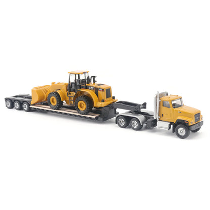 Model of a Yellow Caterpillar CT681 Day Cab w/XL Specialized Trailers XL120 Low-Profile HDG Lowboy Trailer and CAT 950G Wheel Loader on a White Background
