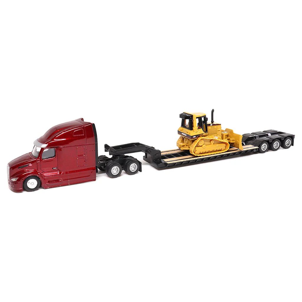 Model of a Red Peterbilt 579 UltraLoft pulling a XL Specialized Trailers XL120 Low-Profile HDG Lowboy Trailer with a CAT D5M Dozer Load on a White Background