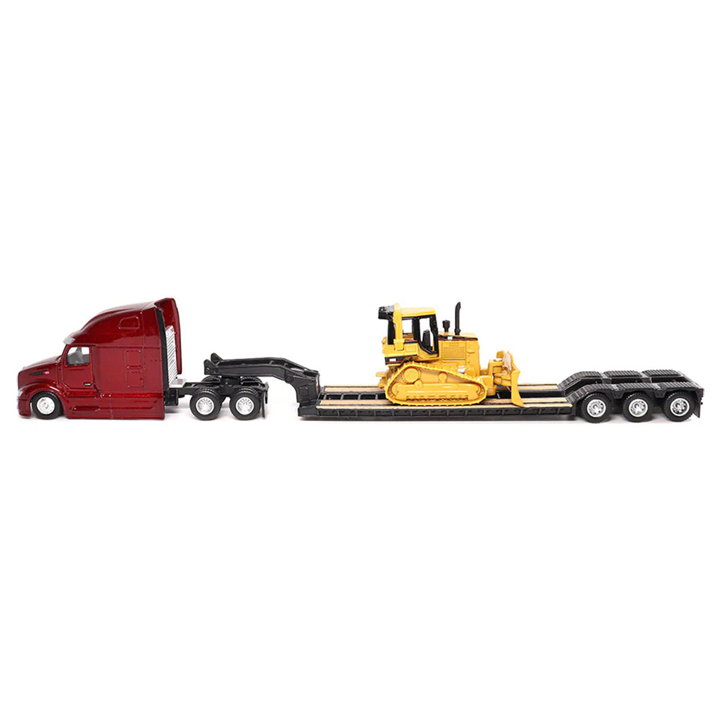Model of a Red Peterbilt 579 UltraLoft pulling a XL Specialized Trailers XL120 Low-Profile HDG Lowboy Trailer with a CAT D5M Dozer Load on a White Background
