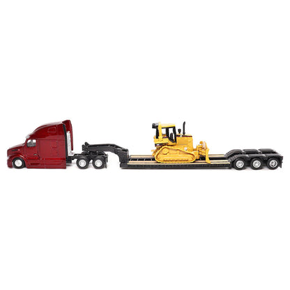 Model of a Red Peterbilt 579 UltraLoft pulling a XL Specialized Trailers XL120 Low-Profile HDG Lowboy Trailer with a CAT D5M Dozer Load on a White Background