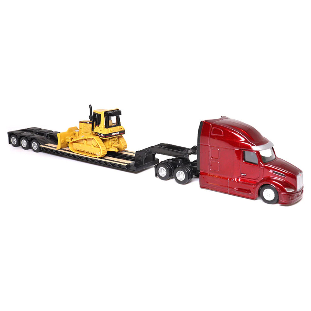 Model of a Red Peterbilt 579 UltraLoft pulling a XL Specialized Trailers XL120 Low-Profile HDG Lowboy Trailer with a CAT D5M Dozer Load on a White Background