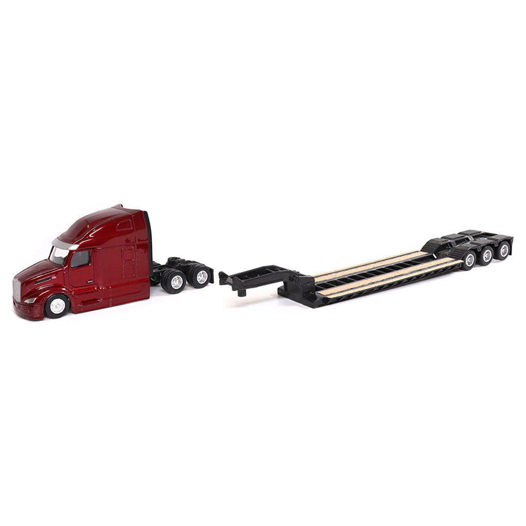 Model of a Red Peterbilt 579 UltraLoft pulling a XL Specialized Trailers XL120 Low-Profile HDG Lowboy Trailer on a White Background