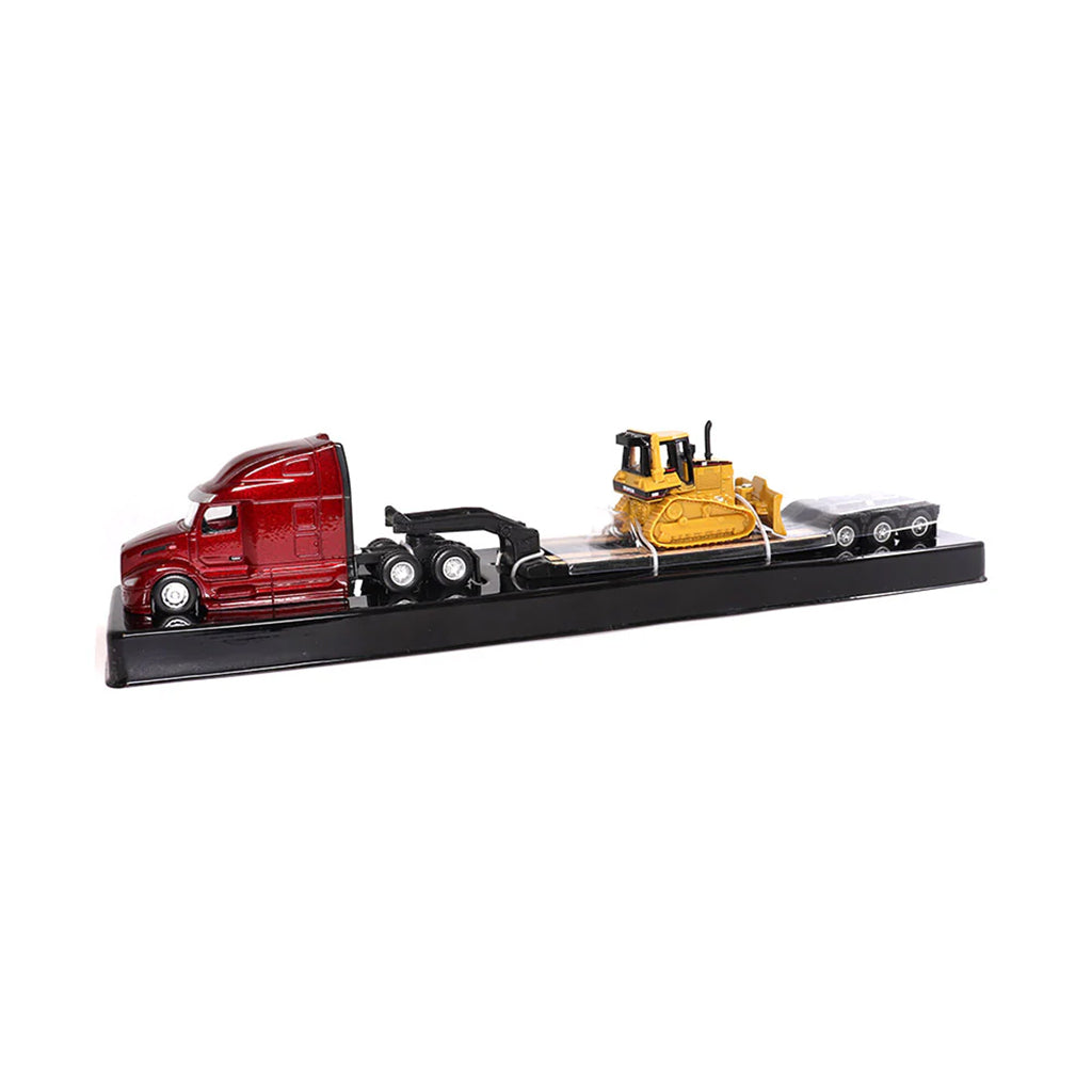 Model of a Red Peterbilt 579 UltraLoft pulling a XL Specialized Trailers XL120 Low-Profile HDG Lowboy Trailer with a CAT D5M Dozer Load on a White Background