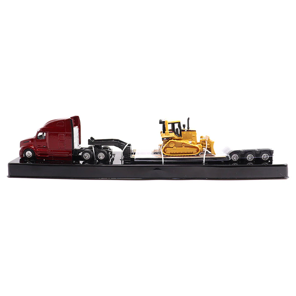 Model of a Red Peterbilt 579 UltraLoft pulling a XL Specialized Trailers XL120 Low-Profile HDG Lowboy Trailer with a CAT D5M Dozer Load on a White Background