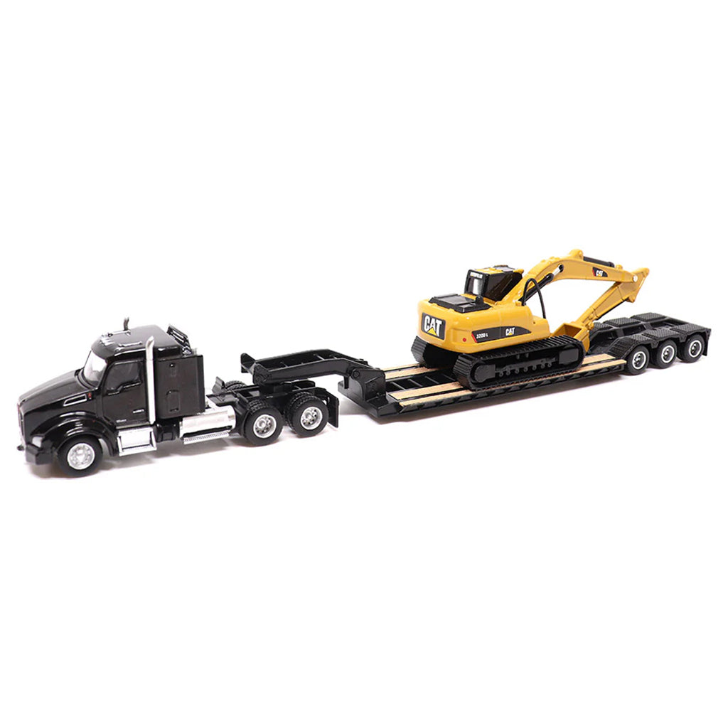 Model of a Black Kenworth T880 w/XL Specialized Trailers XL120 Low-Profile HDG Lowboy Trailer a Yellow CAT 320D L Hydraulic Excavator Load on a White Background