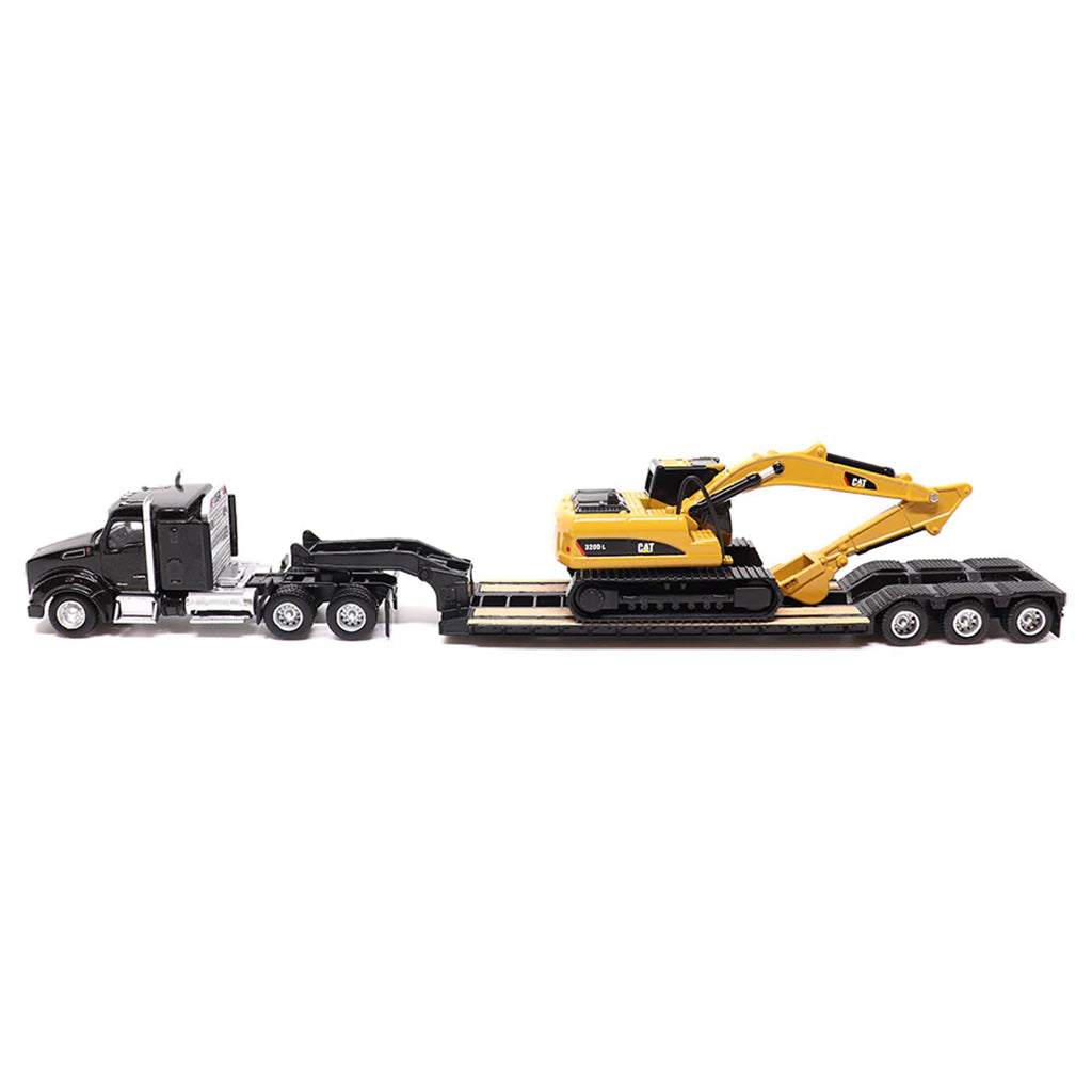 Model of a Black Kenworth T880 w/XL Specialized Trailers XL120 Low-Profile HDG Lowboy Trailer a Yellow CAT 320D L Hydraulic Excavator Load on a White Background